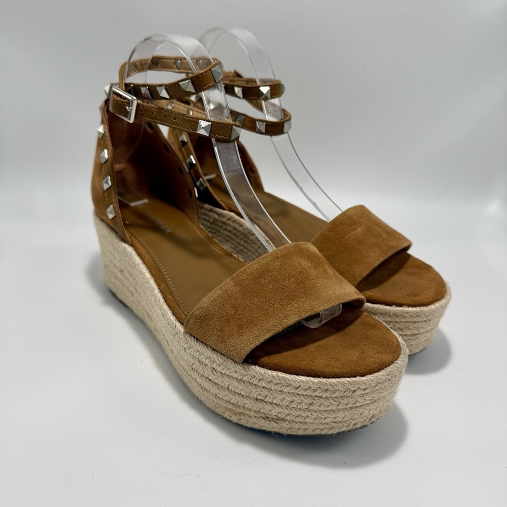 Marc Fisher Jazlyn Espadrille Wedge Sandal Brown Studded Ankle Leather Strap 8.5